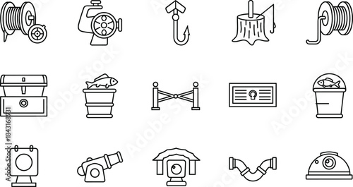 Diverse line icons set for fishing, history, plumbing, and security, featuring reel, cannon, hook, chest, water pipes, and museum rope barrier vector illustration.
