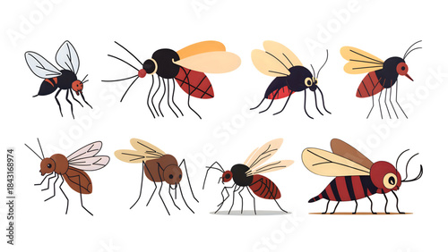 set of vector illustrations of cartoon mosquitoes