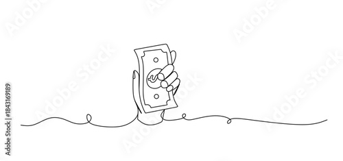 Continuous line Hand holding dollar banknotes, investment concept, halftone collage. Vector illustration for finance, economy, or business themes.