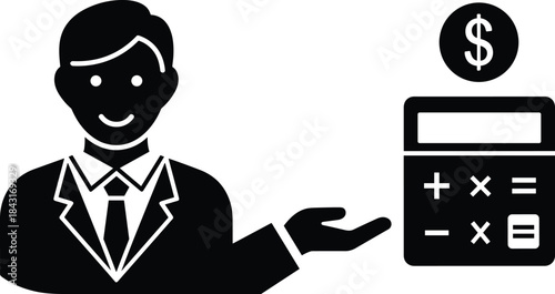 Smiling financial advisor or accountant black silhouette icon, presenting a calculator and dollar sign for business planning, tax consultation, or investment services vector.