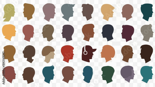 Diverse collection of human head silhouettes in profile view.