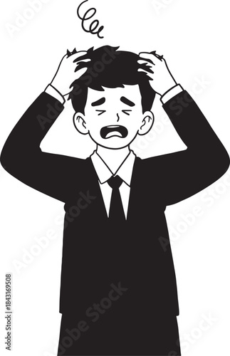Shocked or stressed businessman in a suit clutching his head with both hands, with a swirl symbol indicating dizziness or confusion. Hand-drawn line art illustration for concepts of headache.
