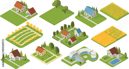 Isometric rural village and farm elements set, countryside houses fields illustration, agricultural landscape design, eco living concept