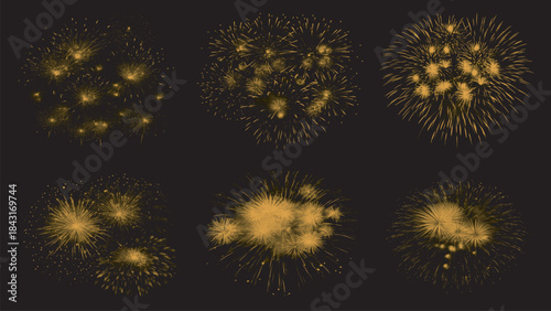 Golden Fireworks Bursts on a Black Background for Celebration Events