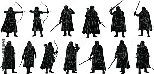 Medieval warriors silhouettes set, cloaked fighters with swords, bows, daggers, action poses, fantasy battle characters vector illustration designMedieval 