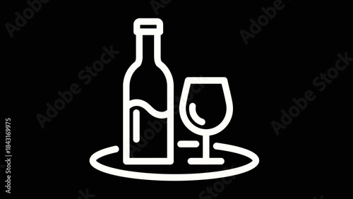 Isolated White Outline Icon of Wine Bottle and Glass on Black Background