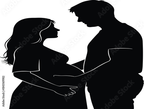 Pregnant woman silhouette with partner touching belly, expecting couple intimate moment, family love, parenthood support, maternity illustration vector artworkPregnant woman silhouette with 