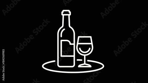 White outline icon of a wine bottle and a glass on a tray against a black background.
