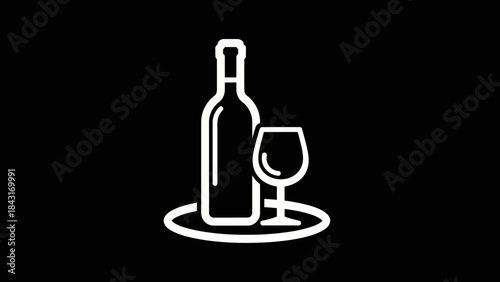 White outline icon of a wine bottle and a wine glass on a tray, symbolizing beverages and service.
