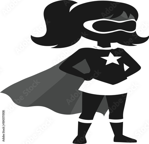 Superhero silhouette illustration, young masked character with cape and star emblem, confident empowerment bravery concept, motivational vector comic design artSuperhero silhouette illustration, 