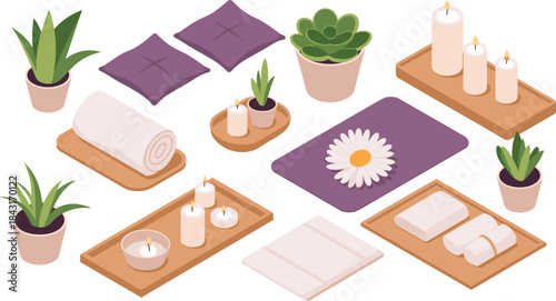 Isometric spa wellness elements illustration, yoga mat towels candles plants set, relaxation self care concept, beauty therapy design