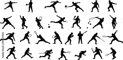 Tennis player silhouettes collection, dynamic sports poses, forehand backhand serve action, racket ball movement, fitness training, competitive match illustration vectorTennis player silhouettes 