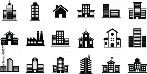 Urban building silhouette icons, residential houses, office towers, skyscrapers, factories, churches, schools, institutional structures, city skyline, architectural design, vector illustration, 