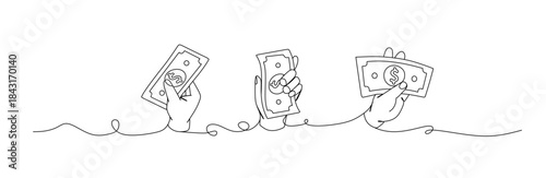 Continuous line Hand holding dollar banknotes, investment concept, halftone collage. Vector illustration for finance, economy, or business themes.