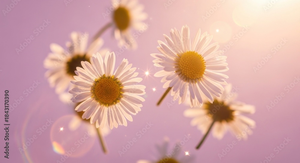 Obraz premium White daisies against a soft, pink background with a sun flare.