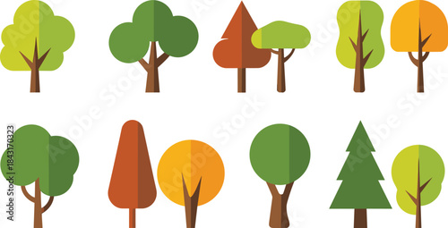 Minimal flat tree icons set, colorful forest elements illustration, nature landscape design, simple geometric trees collection isolated