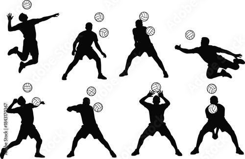 This image is a collection of volleyball player silhouettes demonstrating various actions. Here is the suggested SEO-optimized title and keywords for Adobe Stock