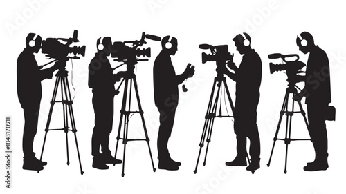 Cameramen Silhouettes Filming on Tripods Isolated on White Background