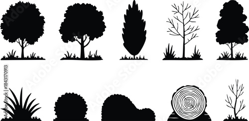Assorted Tree and Plant Silhouettes, Various Tree and Shrub Silhouettes, Nature and Garden Silhouette Collection, Black Silhouettes of Trees, Bushes, and Grass, illustration, vector, silhouette
