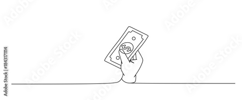Continuous line Hand holding dollar banknotes, investment concept, halftone collage. Vector illustration for finance, economy, or business themes.