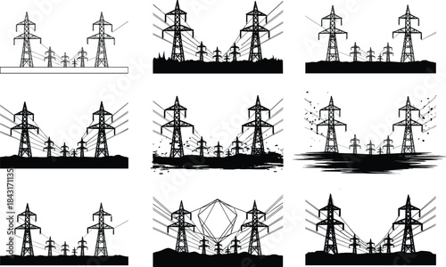 Transmission tower silhouettes, high voltage lines, electrical grid, industrial design, power infrastructure, energy flow, abstract style, pylon artwork, utility system, black and white