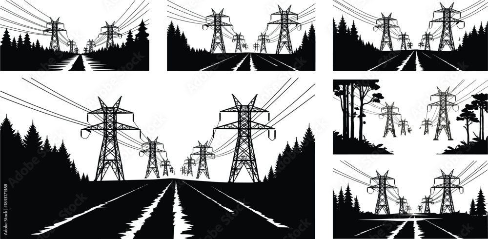 Obraz premium Transmission towers in forest landscape, black and white silhouette, power line corridor, environmental contrast, vector illustration, energy infrastructure, art