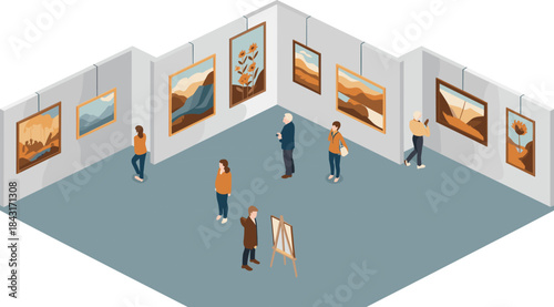 Isometric art gallery interior illustration, people viewing paintings exhibition, modern museum space, cultural creative environment design