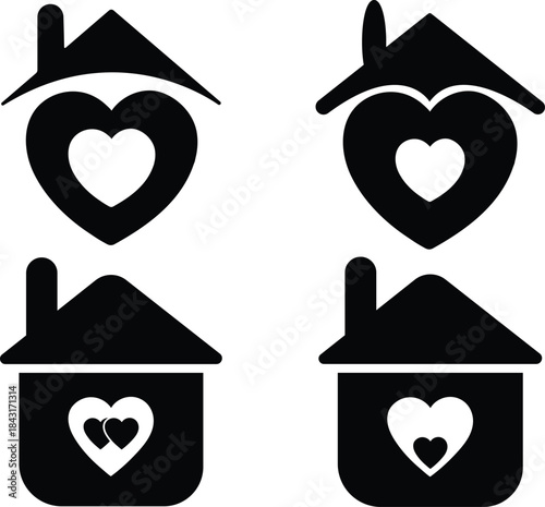 Black silhouettes of houses with heart decorations