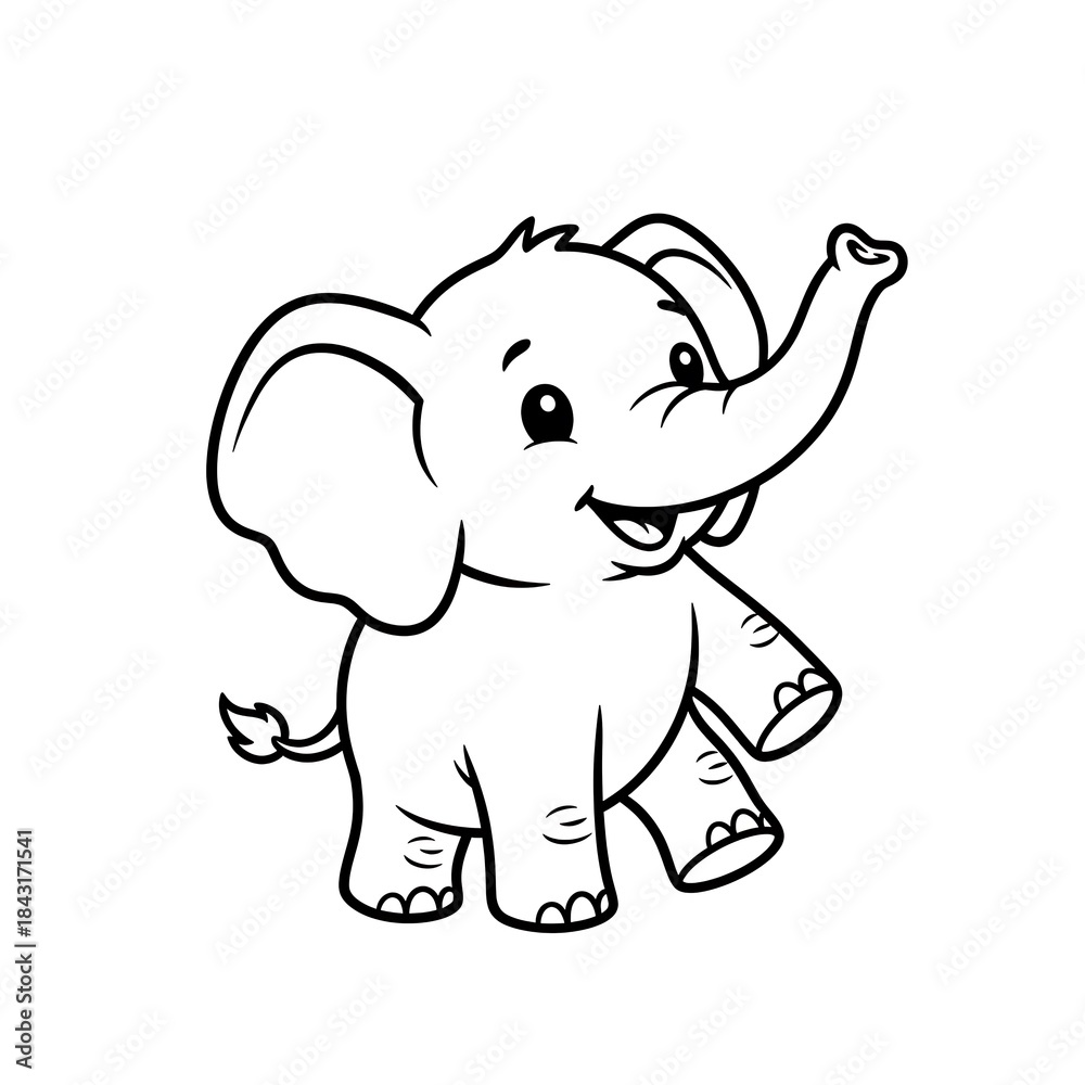 Fototapeta premium Elephant cartoon coloring book illustration of a cheerful elephant waving its trunk suitable for kids with a simple black and white line art style on a clean background.