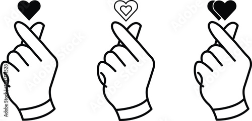 Three hands with index fingers and floating hearts