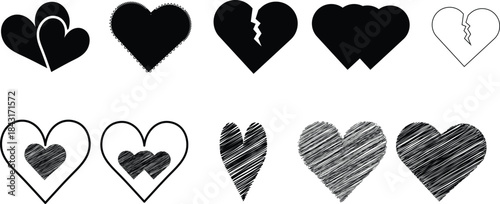 Collection of black and white heart symbols and icons