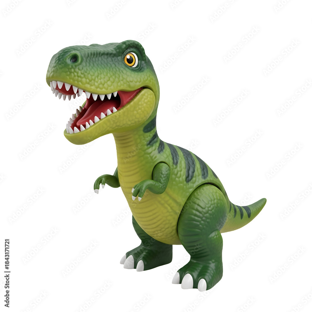 Obraz premium Cartoon Green Dinosaur Toy with Open Mouth on Transparent Background
