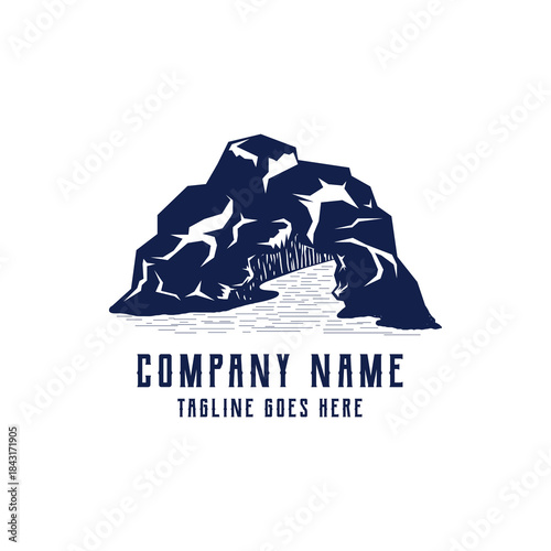 Vintage Rock Cave Mountain with River Vector Logo Illustration