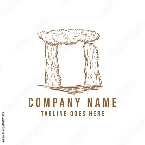 Hand Drawn Vintage Stonehenge Stone Arch Vector Illustration Logo Design