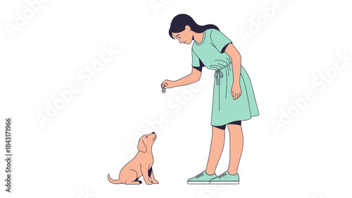 A woman training her puppy, cartoon illustration showing dog looking at food, vector design