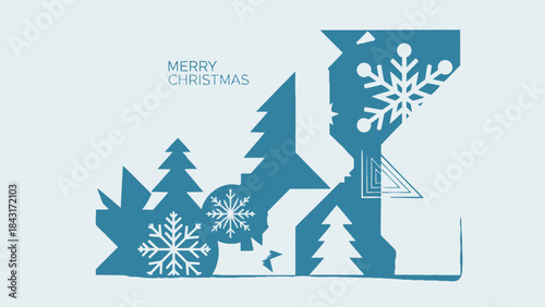 Blue silhouette of a christmas scene with trees snowflakes and a merry christmas message on a light blue background