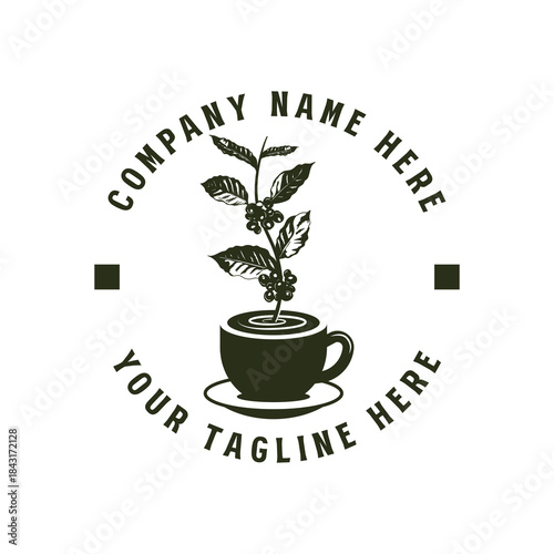 Coffee Cup Mug with Coffee Tree Branch for Cafe or Product Label Logo Design