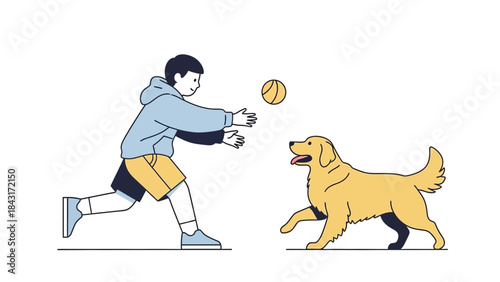 A Person Playing Fetch with a Golden Retriever Dog Illustration in Flat Design Style