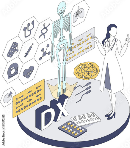 医療DXを説明する女性医師のアイソメイラスト