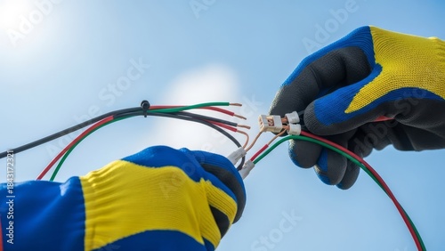 Electrician's Hands Connecting Wires with Blue and Yellow Gloves Against Clear Sky