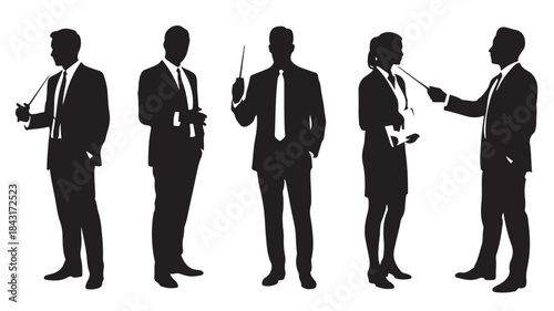 Business People Silhouettes Standing and Interacting Isolated on White Background