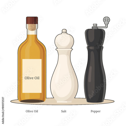 Kitchen Essentials Vector Set – Oil, Salt, Pepper
