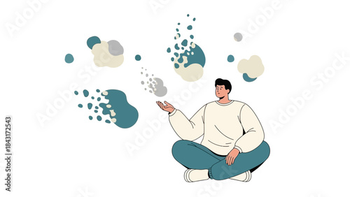 A man meditating with abstract shapes representing thoughts, ideas, or conceptual visualization