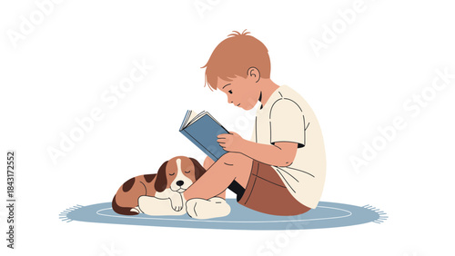 A Young Boy Reading a Book Beside a Sleeping Dog with a White Background