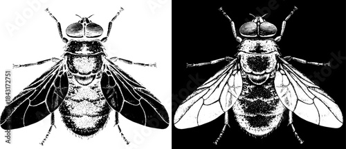 Vintage Fly Engraving Portrait, Inverted Black White Xerography Vector on Transparent Background for Laser Engraving on Dark Surface