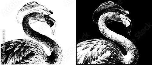 Vintage Flamingo Cowboy Engraving with Hat, Inverted Black White Xerography Vector on Transparent Background for Laser Engraving on Dark Surface