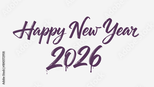 Happy new year 2026 purple text on light gray background festive greeting