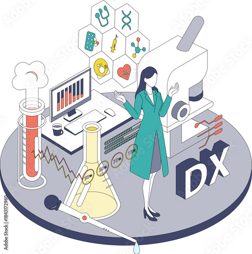 医療DXと研究データを扱う女性医師のアイソメイラスト(Color variation)