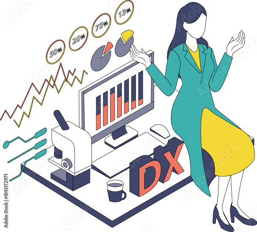 医療DXのデータを分析する女性医師のアイソメイラスト(Color variation)