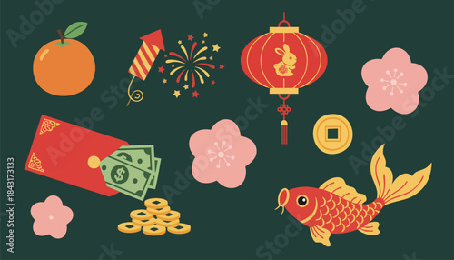 Lunar New Year celebration elements on dark background